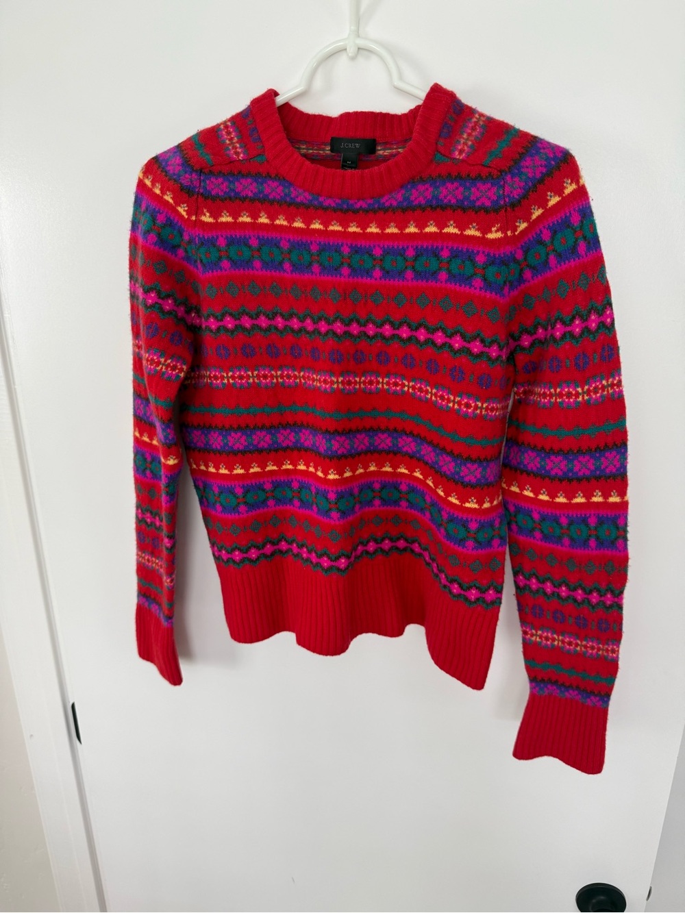 J. Crew Red Multi-Color Fair Isle Crewneck Wool Sweater